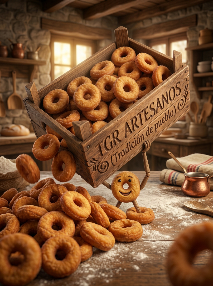 Roscas fritas artesanas en cascada desde caja de madera